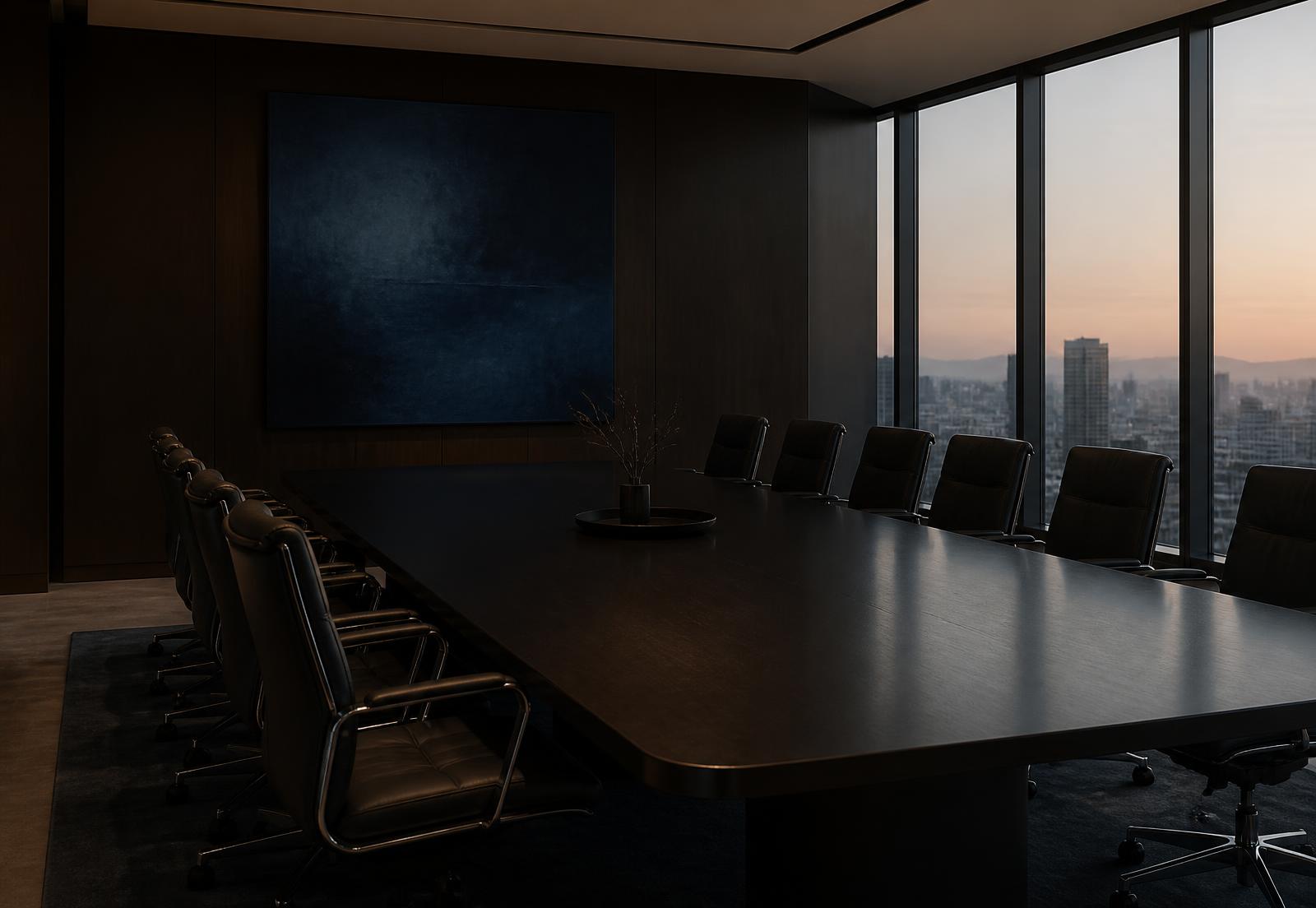 An empty executive boardroom at dusk overlooking a city skyline