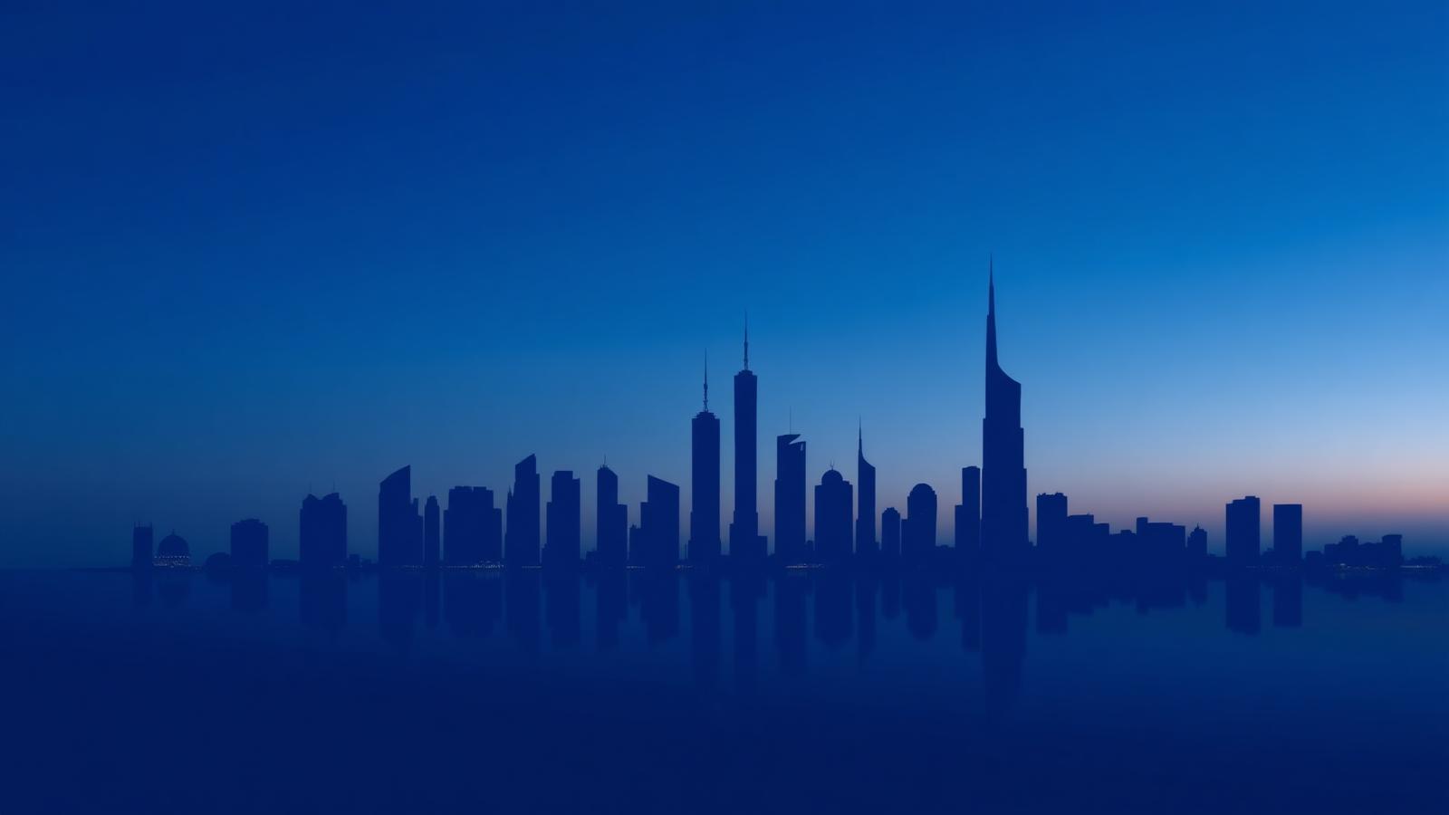 Dubai skyline silhouetted at blue hour